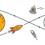 Drawing of two planets, circled by a rocket, symbolizing challenges faced by fintech companies.