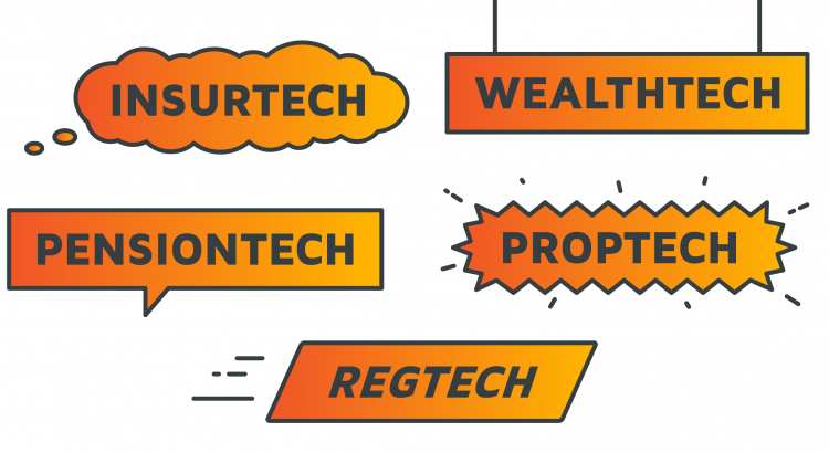 A number of signs displaying the words InsurTech, RegTech, WealthTech, PensionTech, and PropTech