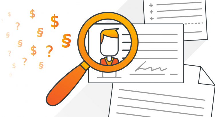 A stylized picture of a magnifying glass looking at ID documents for KYC purposes.