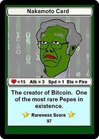 The Rare Pepe Trading Card of Nakamoto Pepe, which is traded via blockchain using the cryptocurrency PEPECASH
