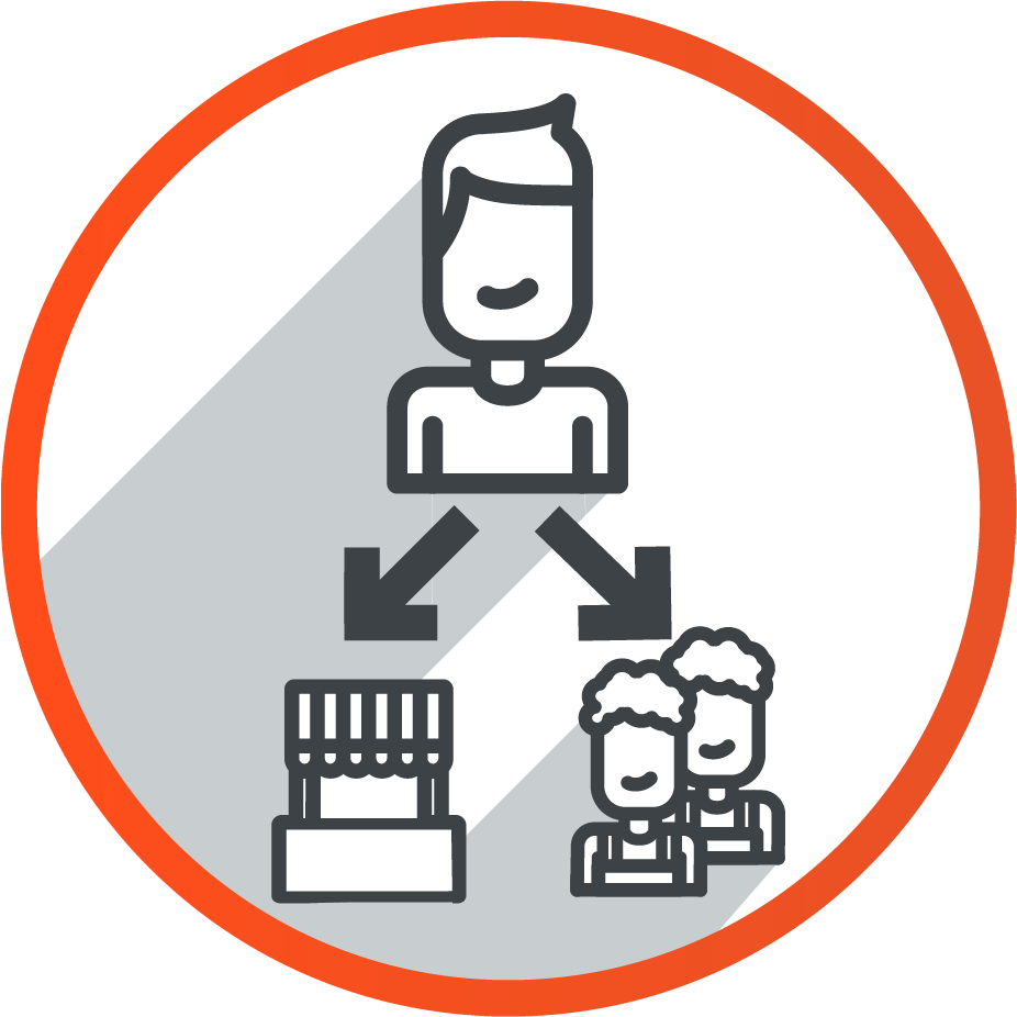 cliente fazendo transações com comerciantes on-line e proprietários de plataformas de mercado, simbolizando o processamento de pagamentos multipartidários em gateways de pagamento.