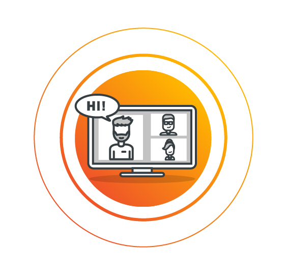 An icon showing a computer with faces on it, representing telecommuting meetings prevalent in remote working environments