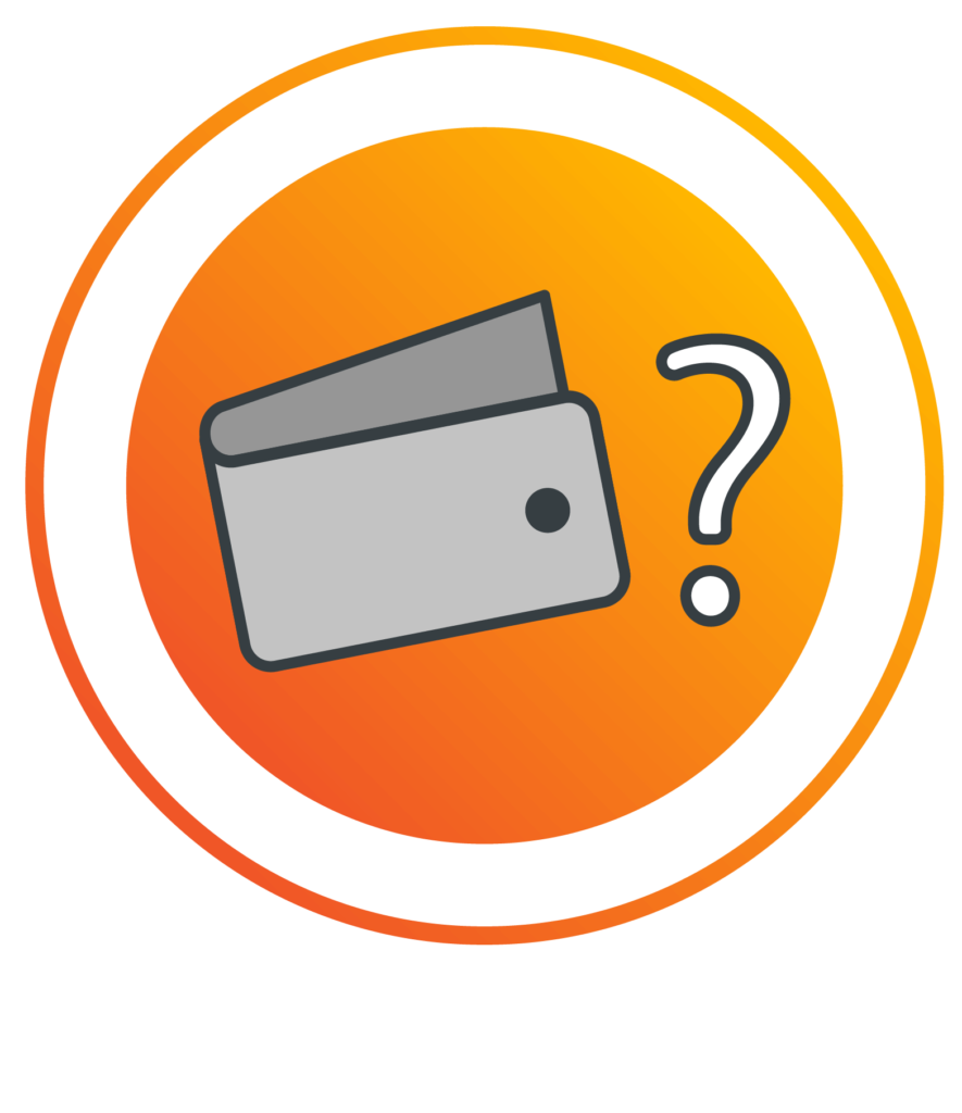An picture of an e-wallet right next to a question mark