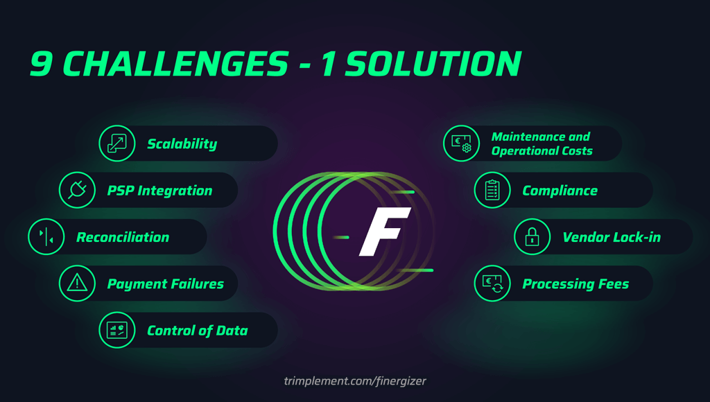 A diagram showing a collection of challenges that businesses face in online payment, like scalability, compliance or vendor lock-in, all circling around the solution Finergizer 