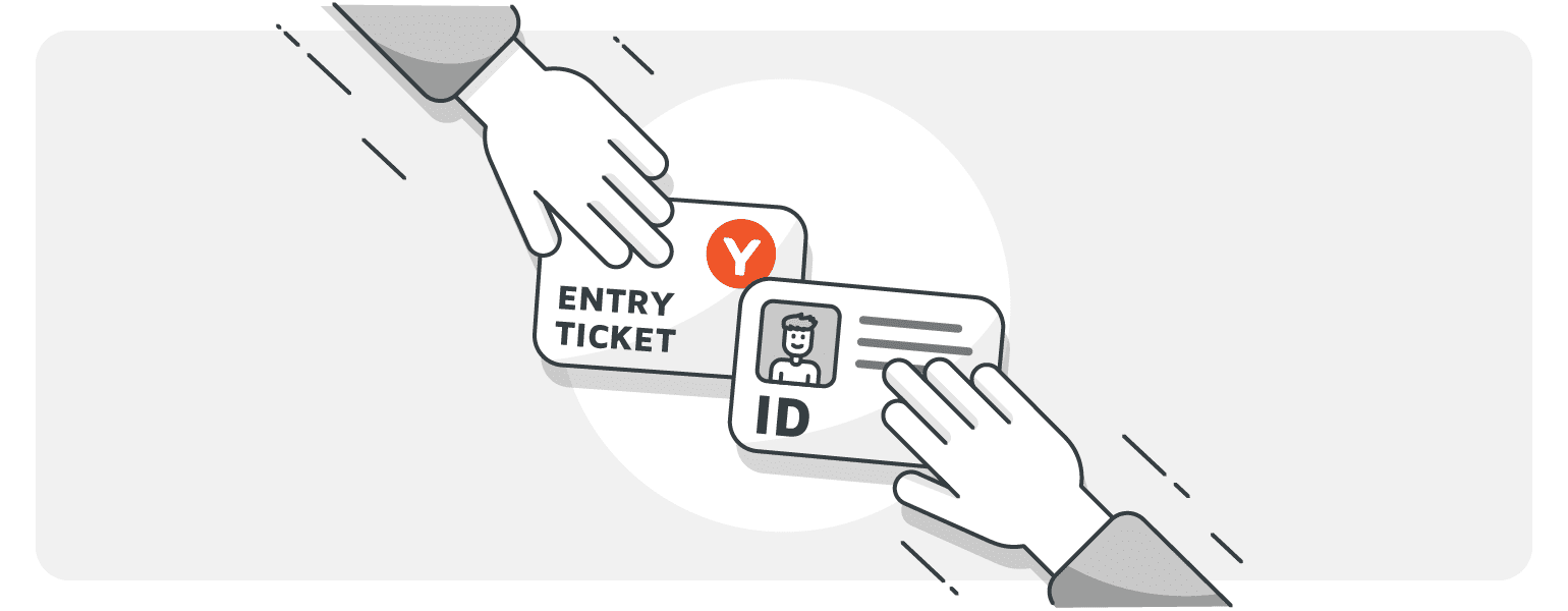 An invitation and an ID card are exchanged, symbolizing KYC procedures. 