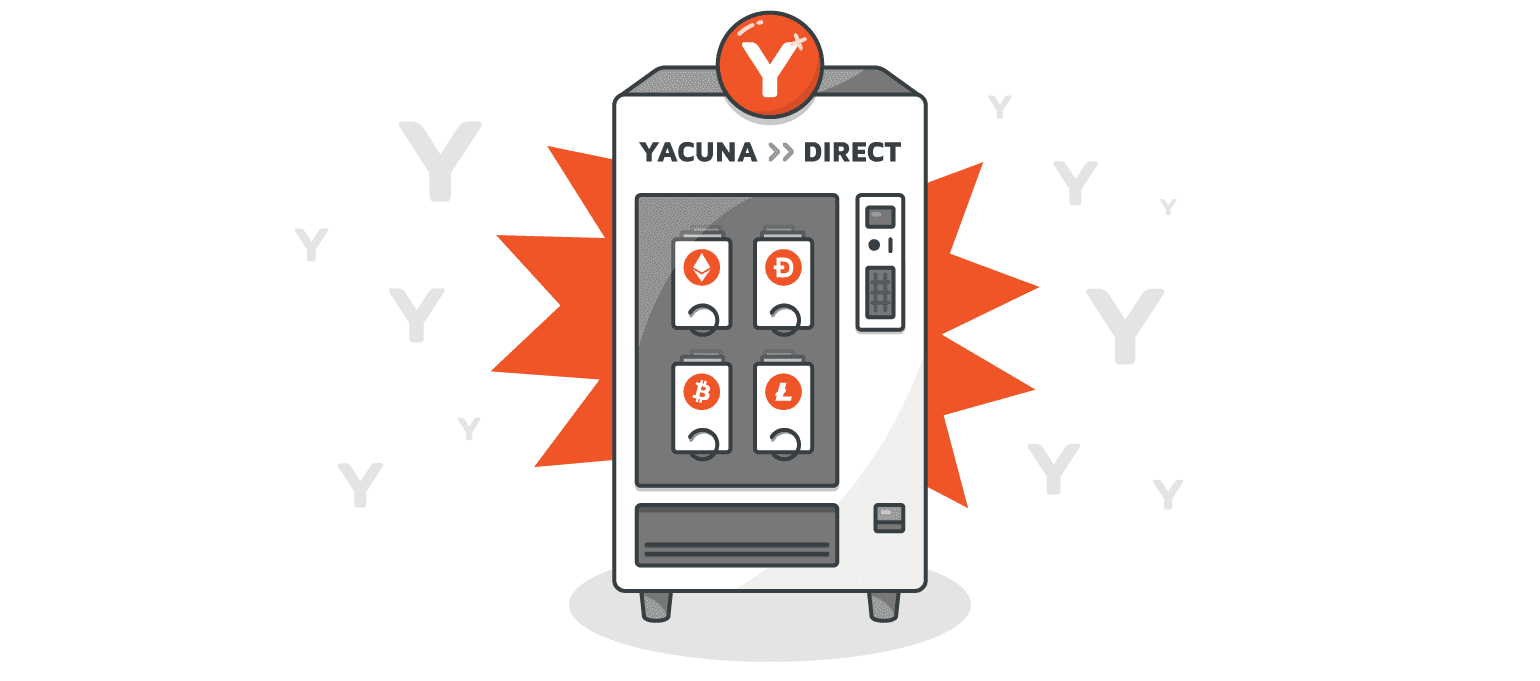 A vending machine offering cryptocurrencies, symbolizing the Yacuna Direct service.  
